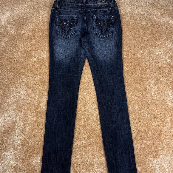 Y2K Cello Cross Wings Bling  Goth Jeans Mid Rise Dark Wash Size 5 W 29 L 32.5 - Picture 1 of 7